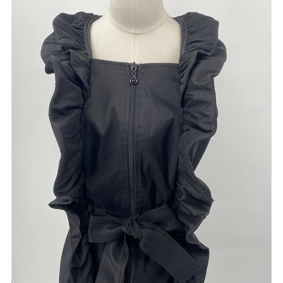 Samuel Dong Mini Dress Front Zipper Moldable Ruffled Belted Taffeta Black Small - Picture 2 of 11